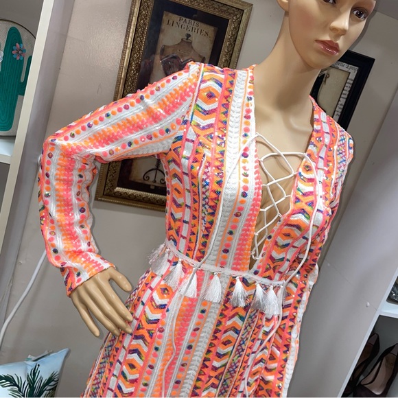 PRETTYLITTLETHING NWOT! Orange/White Sequin Fringe V-Neck Long Sleeve Dress - Picture 4 of 17